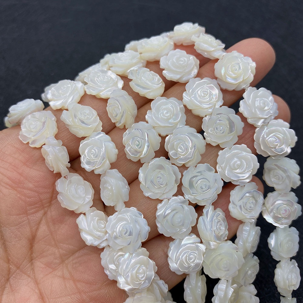 Chuỗi Hạt Vỏ Sò Trắng Tự Nhiên Hai Mặt Chạm Khắc Hình Hoa Hồng 8mm Dùng Làm Trang Sức DIY