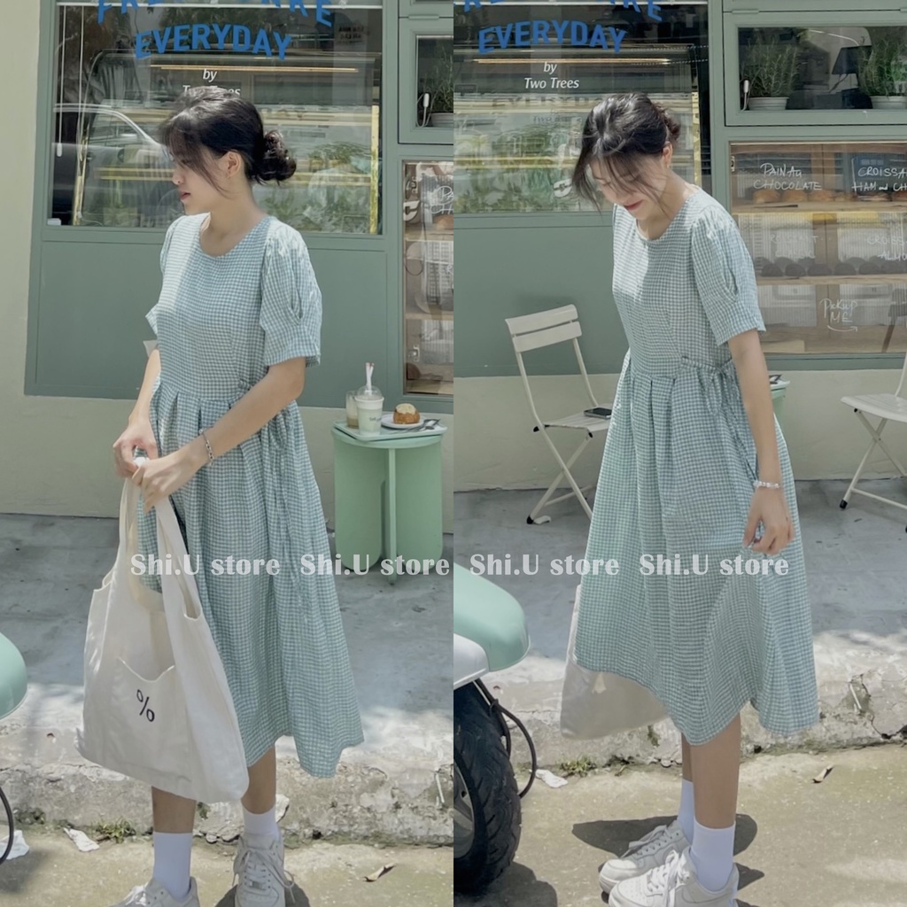 Váy babydoll tay bồng kẻ sọc caro xanh xếp ly dáng dài cúc lưng dây buộc eo vintage phong cách Hàn Quốc