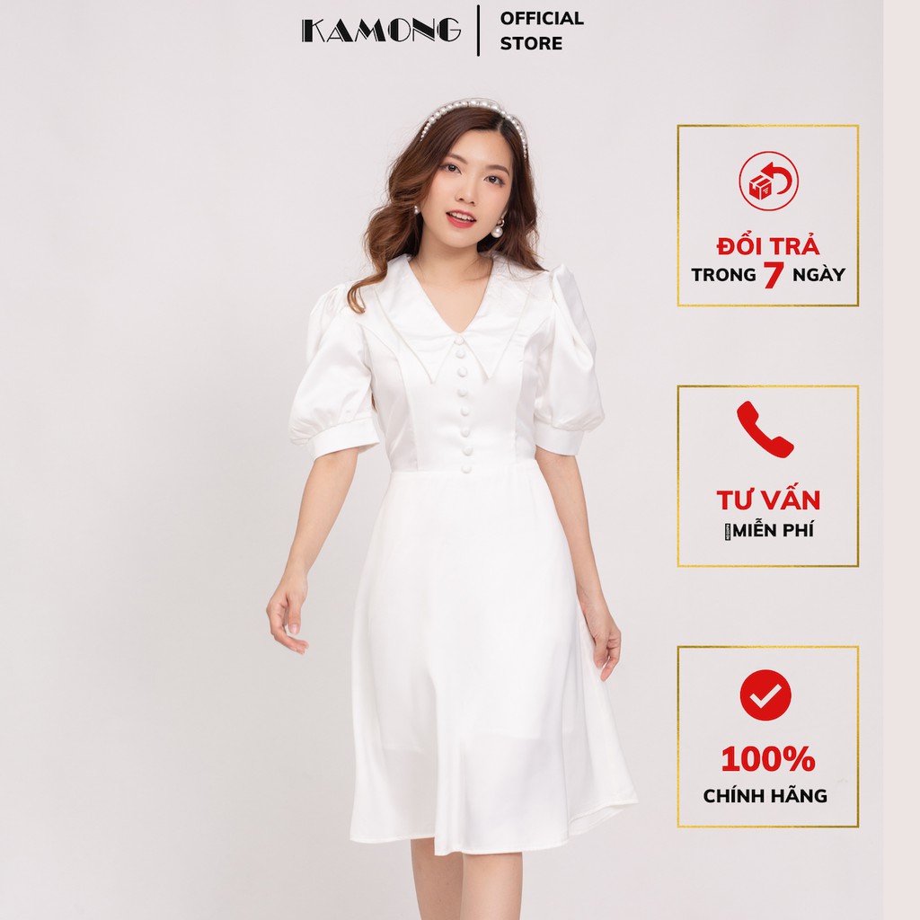 Đầm cổ sen nhọn đính nút KAMONG D125