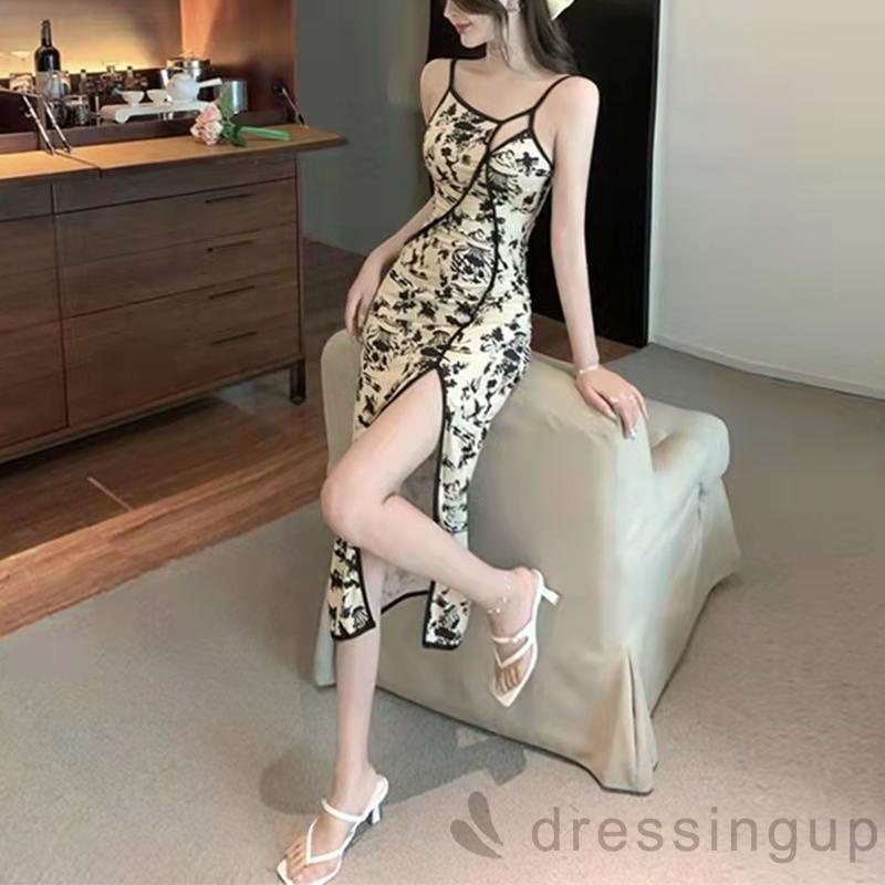 DRE-Women´s Sleeveless Cheongsam Chinese Traditional Printed Side Slit Bodycon Dress