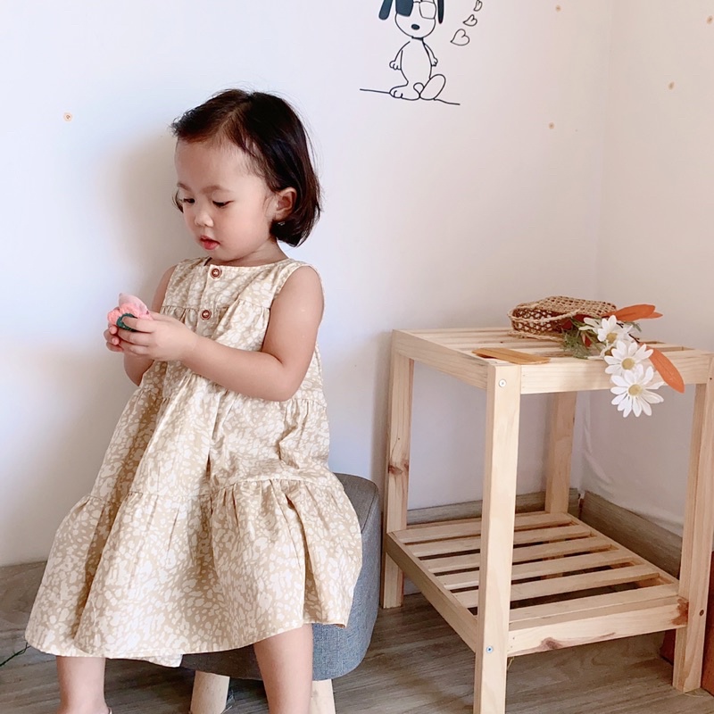 Váy sát nách cho bé, Váy thô hoạ tiết beo hàng thiết kế may thủ công cho bé
