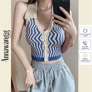 Áo croptop hở lưng cổ bẻ, áo nữ kiểu đan dây hở lưng quyến rũ phong cách âu mỹ cá tính Annawangg AN39