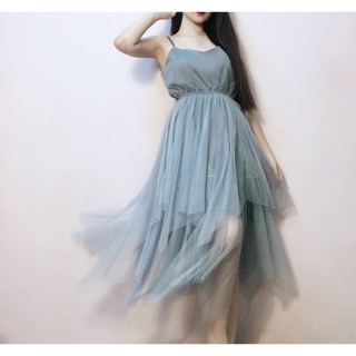Đầm midi 2 dây lưới xoè bo eo korea