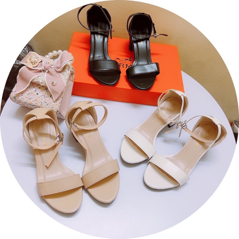 Dép sandal cao 5cm mũi tròn quai ngang da lì ôm chân bít gót, gót vuông đi học đi chơi đi làm đều xinh