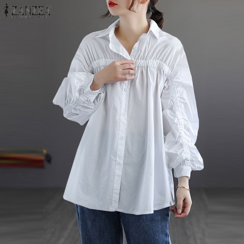 Áo sơ mi ZANZEA tay dài màu trơn thời trang Hàn Quốc nữ tính