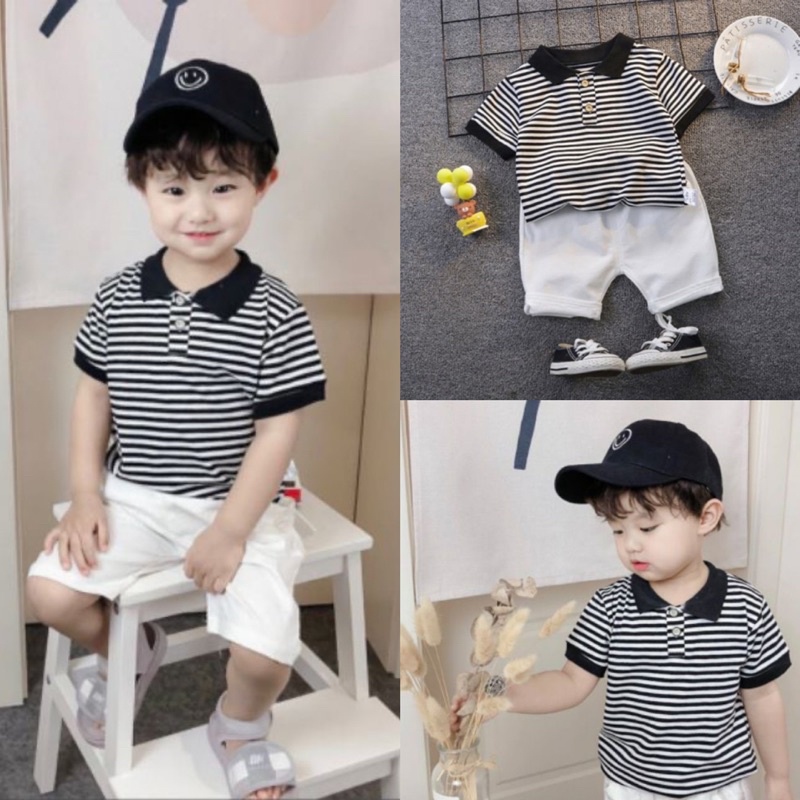 Set áo Polo kẻ bé trai
