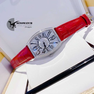 ĐỒNG HỒ NỮ FRM NỮ MẶT OVAL NẠM ĐÁ , DÂY DA, SIZE 32X38MM