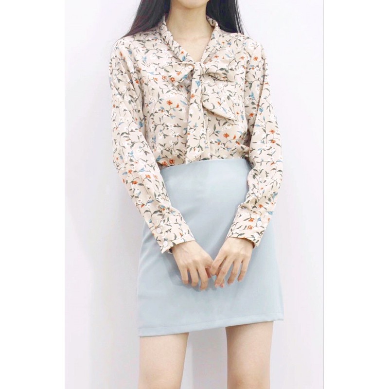 [Mã FATHANG5 giảm 10K đơn 50K] [Hình thật tự chụp] Sơ mi tay dài cổ nơ họa tiết Meow Boutique
