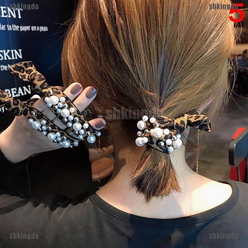 🎀THỊNH HÀNH🎀 Ins Hot Fashion Women Leopard Pearl Elastic Hair Bands Hair Tie Hair Accessories