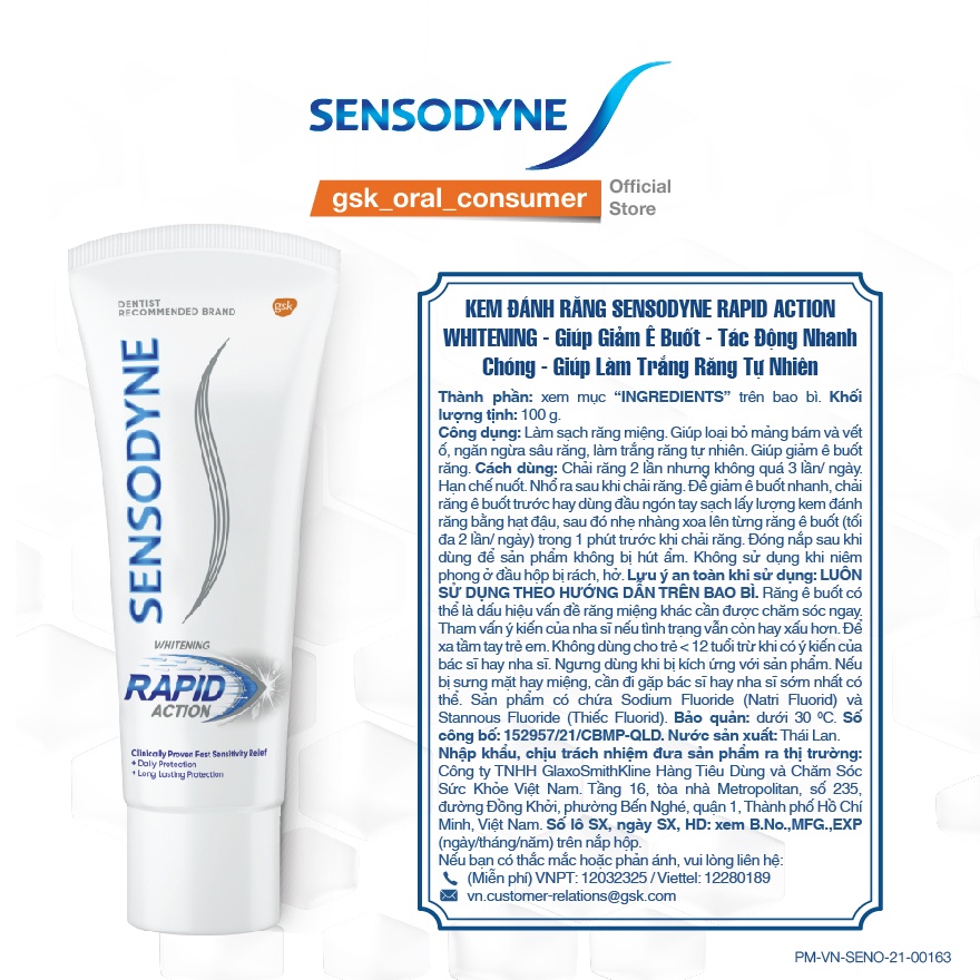 Bộ 3 Kem đánh răng giảm ê buốt Sensodyne Rapid Action Whitening 100g/tuýp giảm ê buốt nhanh và làm trắng răng tự nhiên