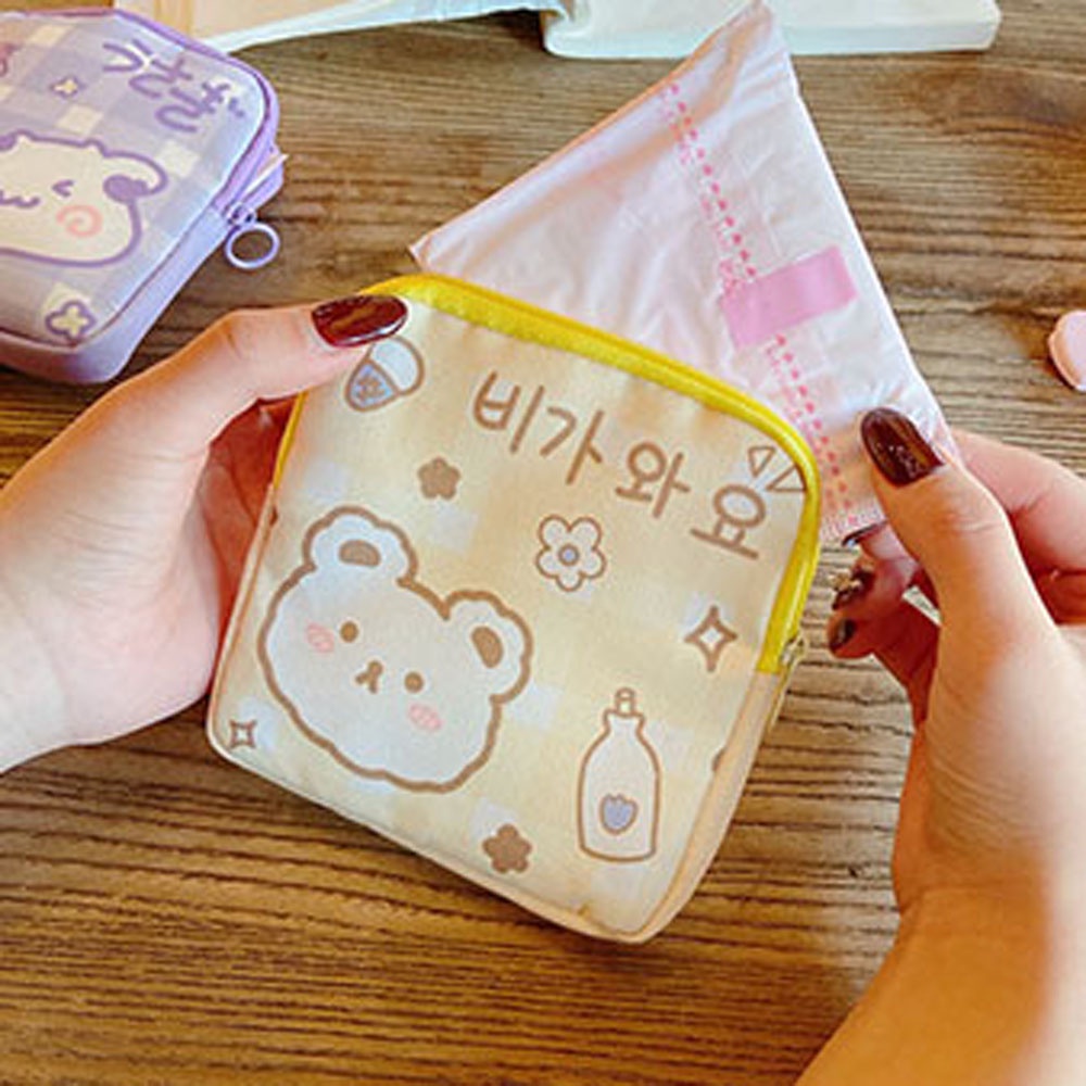 [Hàng mới về] Túi vải canvas đựng băng vệ sinh/khăn giấy/thẻ/tiền xu họa tiết hoạt hình phong cách hàn quốc dễ thương