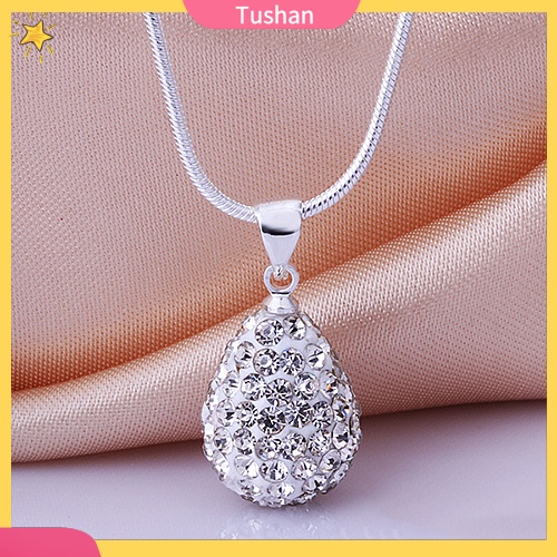 TUSH_Women's Shiny Silver Plated Rhinestone Water Tear Drop Necklace Pendant Chain