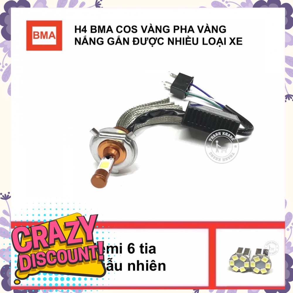 Đèn pha led H4 BMA cos vàng pha vàng nắng, gắn được nhiều loại xe, tăng demi 6 tia màu ngẫu nhiên 001000033 003000109