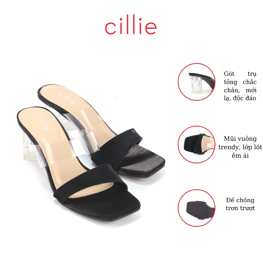 Dép guốc nữ quai ngang phối mika độc đáo gót trụ trong thanh lịch 7cm đi làm đi chơi dạo phố Cillie 1092