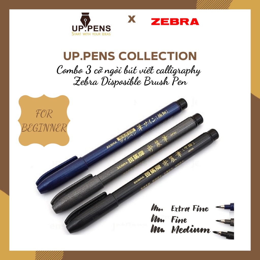 Combo 3 bút lông đầu cọ viết calligraphy Zebra Disposable Brush Pen - 3 cỡ ngòi (Extra Fine/ Fine/ Medium Tip)