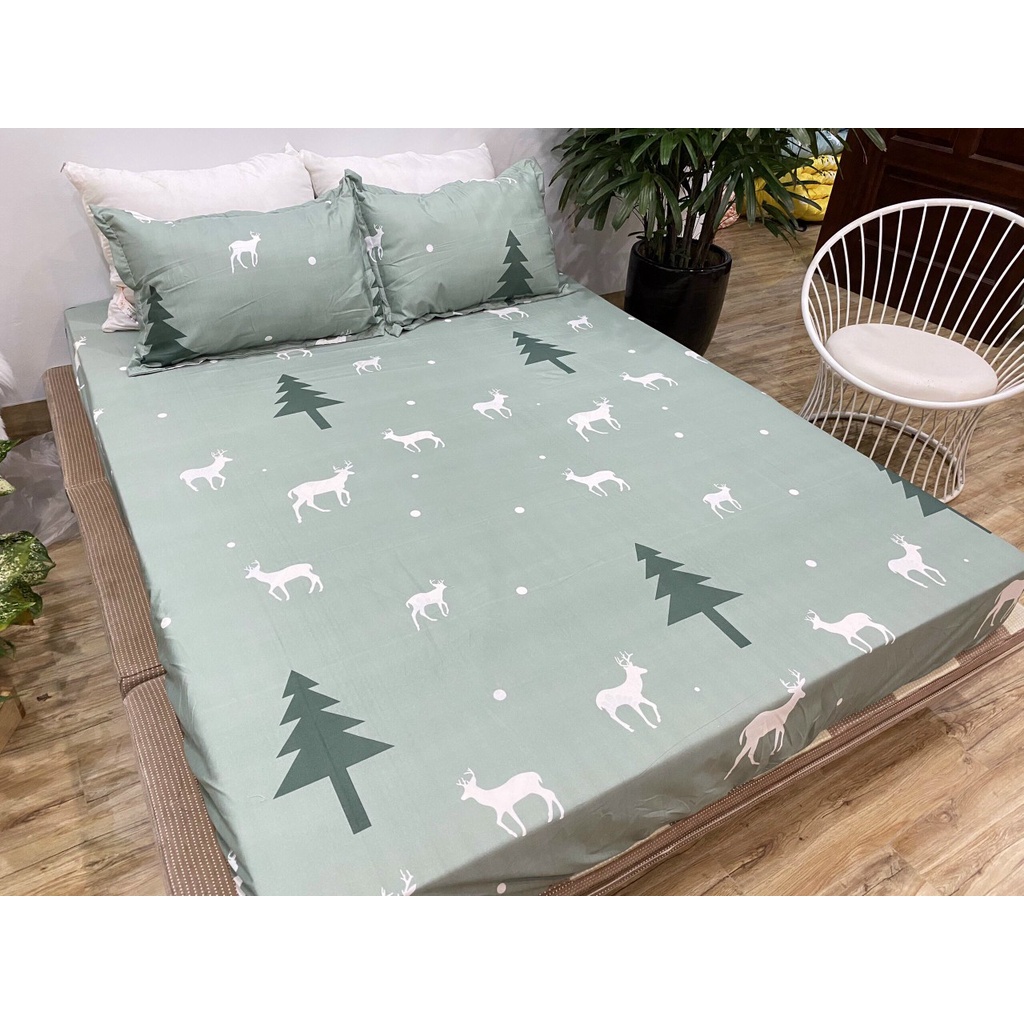 (Freeship+ SALE) Ga chống thấm cotton Nguyệt Ánh Bedding bảo vệ nệm kháng khuẩn nằm trực tiếp mẫu Tuần lộc xanh, đủ size