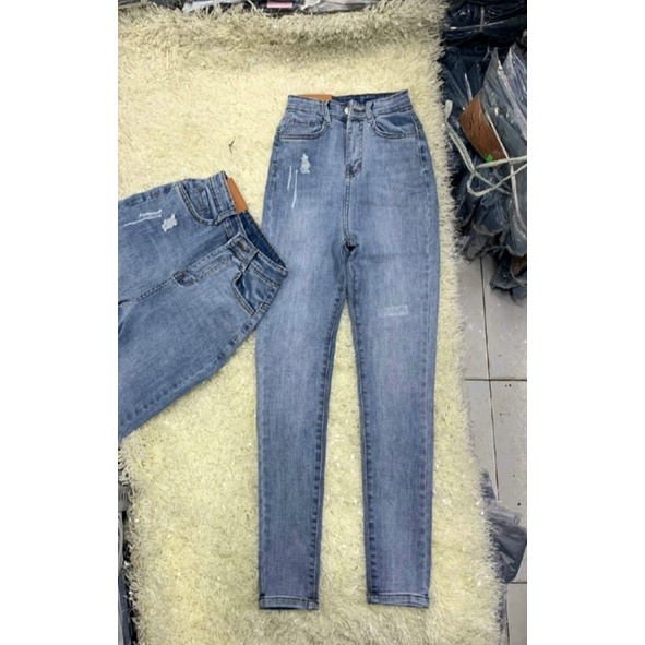 QUẦN SKINNY JEANS GIÃN DÀI NỮ LƯNG CAO LAI CUỐN RÁCH NHẸ TÚI PHỐI CÀO NHẸ GỐI MÀU XANH ĐẬM, XANH NHẠT CAO CẤP NITIQC