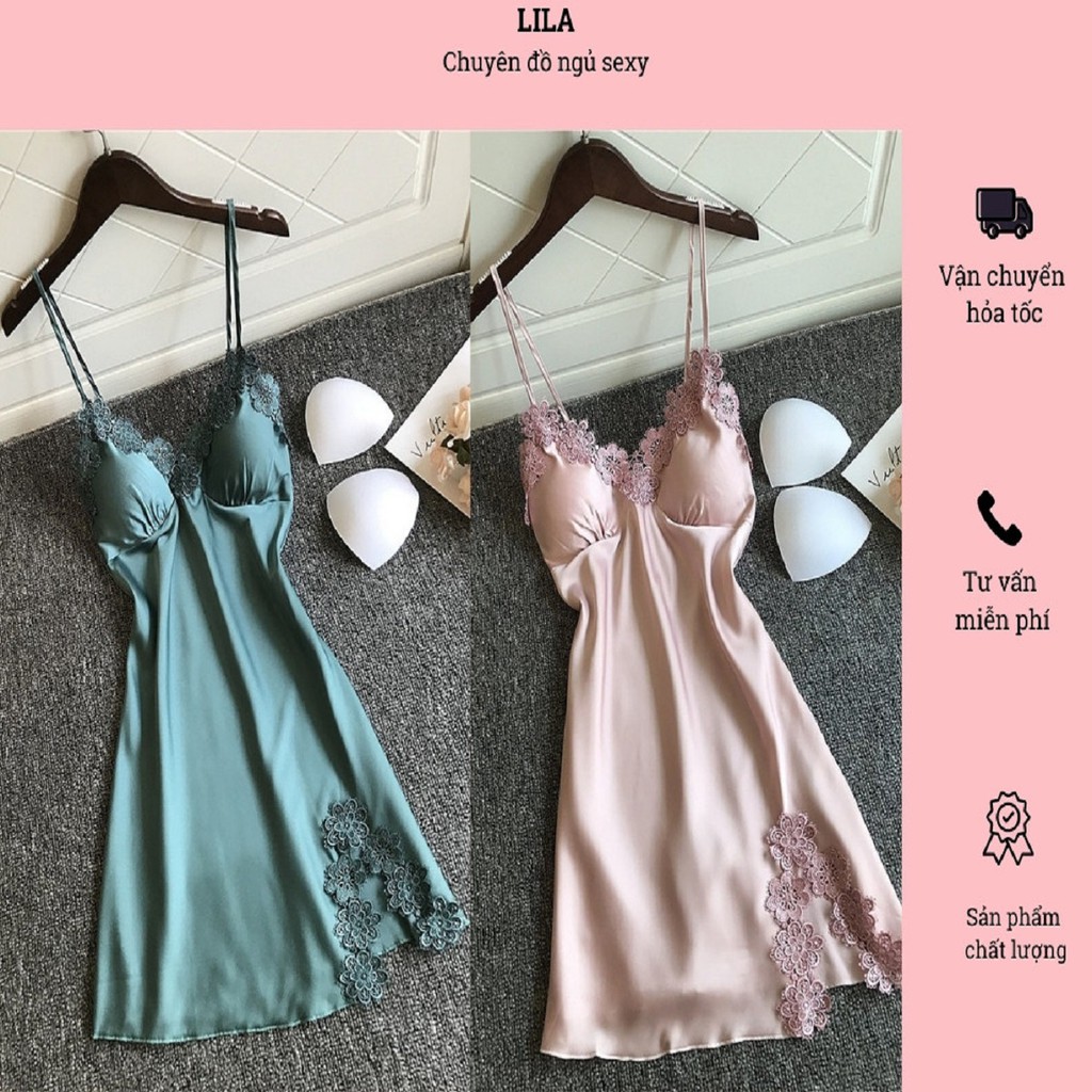 Váy, đầm 2 dây ngủ- mặc ở nhà vải lụa cao cấp sexy quyến rũ phối ren hoa tròn nhỏ, xét vạt bên hông