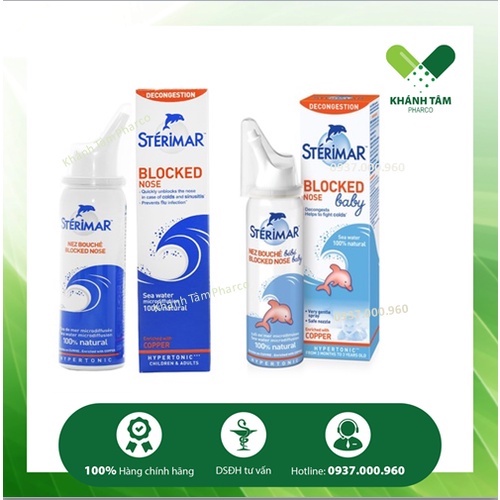 Sterimar Blocked Nose - Dung dịch xịt mũi ưu trương giảm nghẹt mũi [sterima, xịt mũi cá heo, nước rửa mũi, block nose)