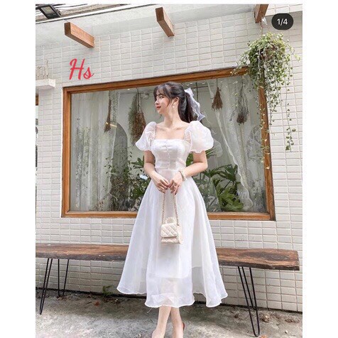 Váy nữ voan cổ vuông tay phồng có mút ngực màu trắng phong cách tiểu thư mặc chụp ảnh kỉ yếu, đi ăn cưới hottrend_Mstore