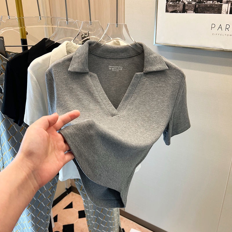 Áo Thun Tay Ngắn Cổ Chữ V Màu Sắc Trơn Thời Trang Dành Cho Nữ