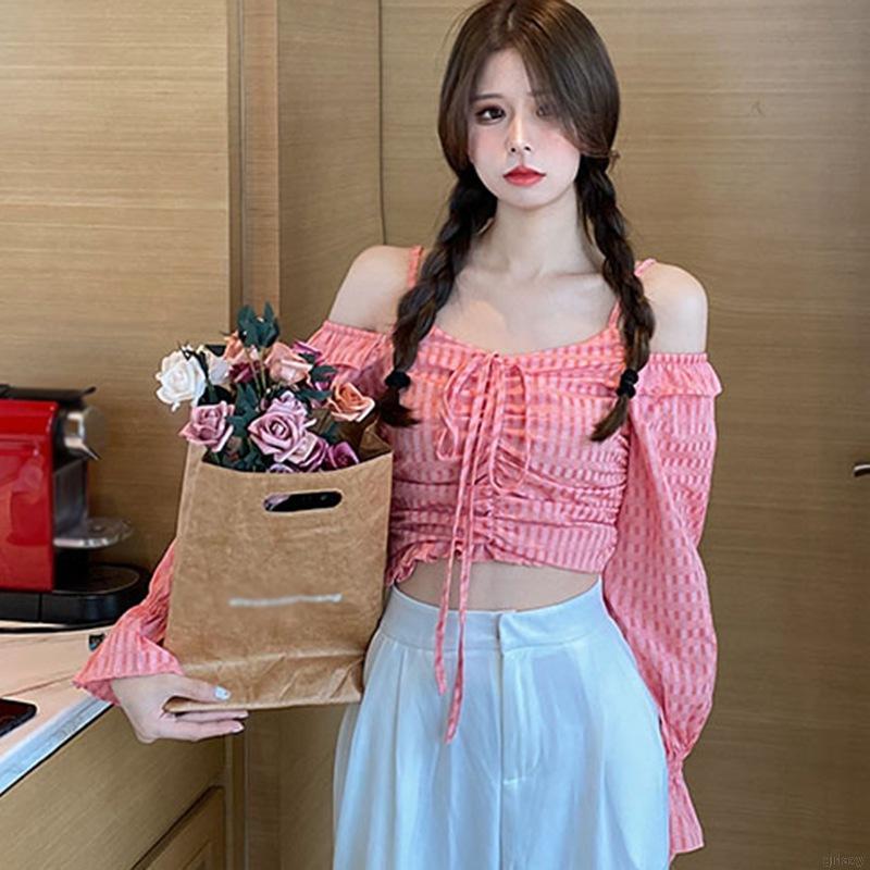 Áo Ren Lửng Tay Dài Trễ Vai Quyến Rũ Phong Cách Retro Hàn Quốc