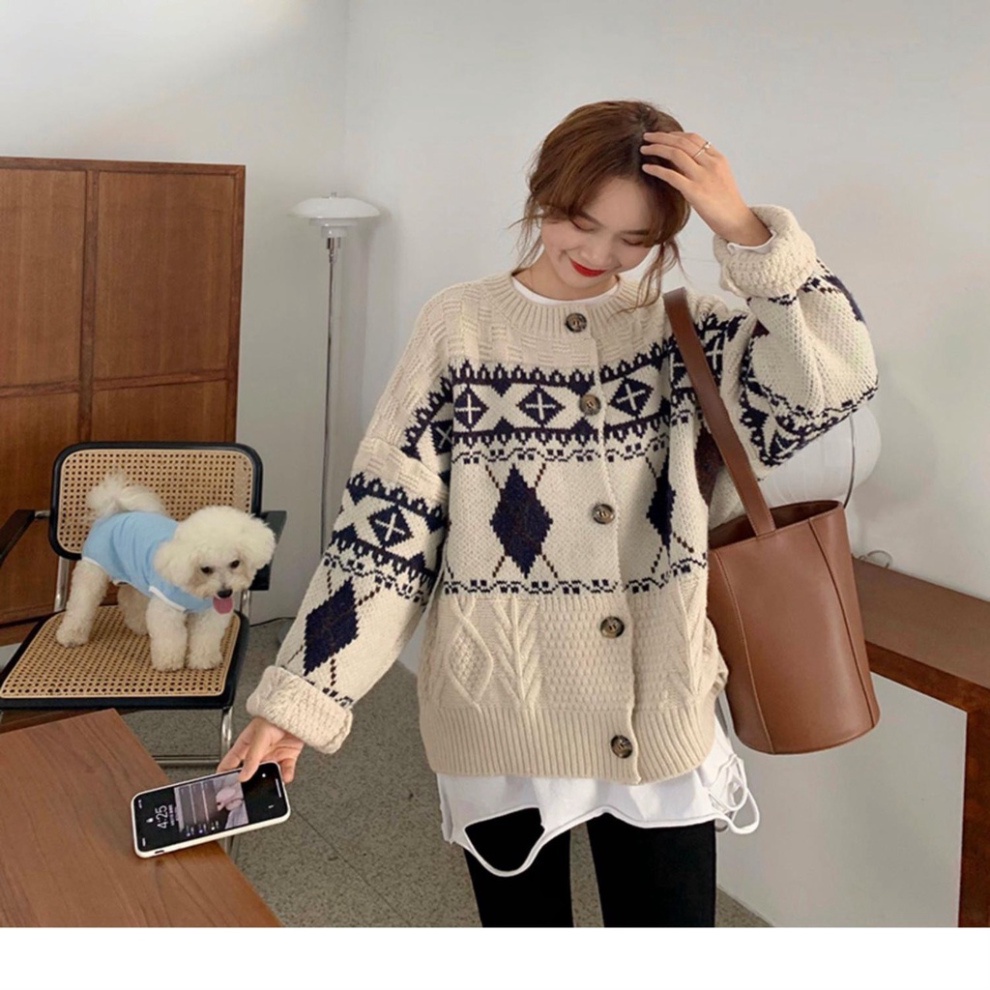 Áo Cardigan Nữ Họa Tiết Trám VinTage, Cardigan Len phối cúc tiểu thư điệu đà dáng rộng Siêu Xinh | BigBuy360 - bigbuy360.vn