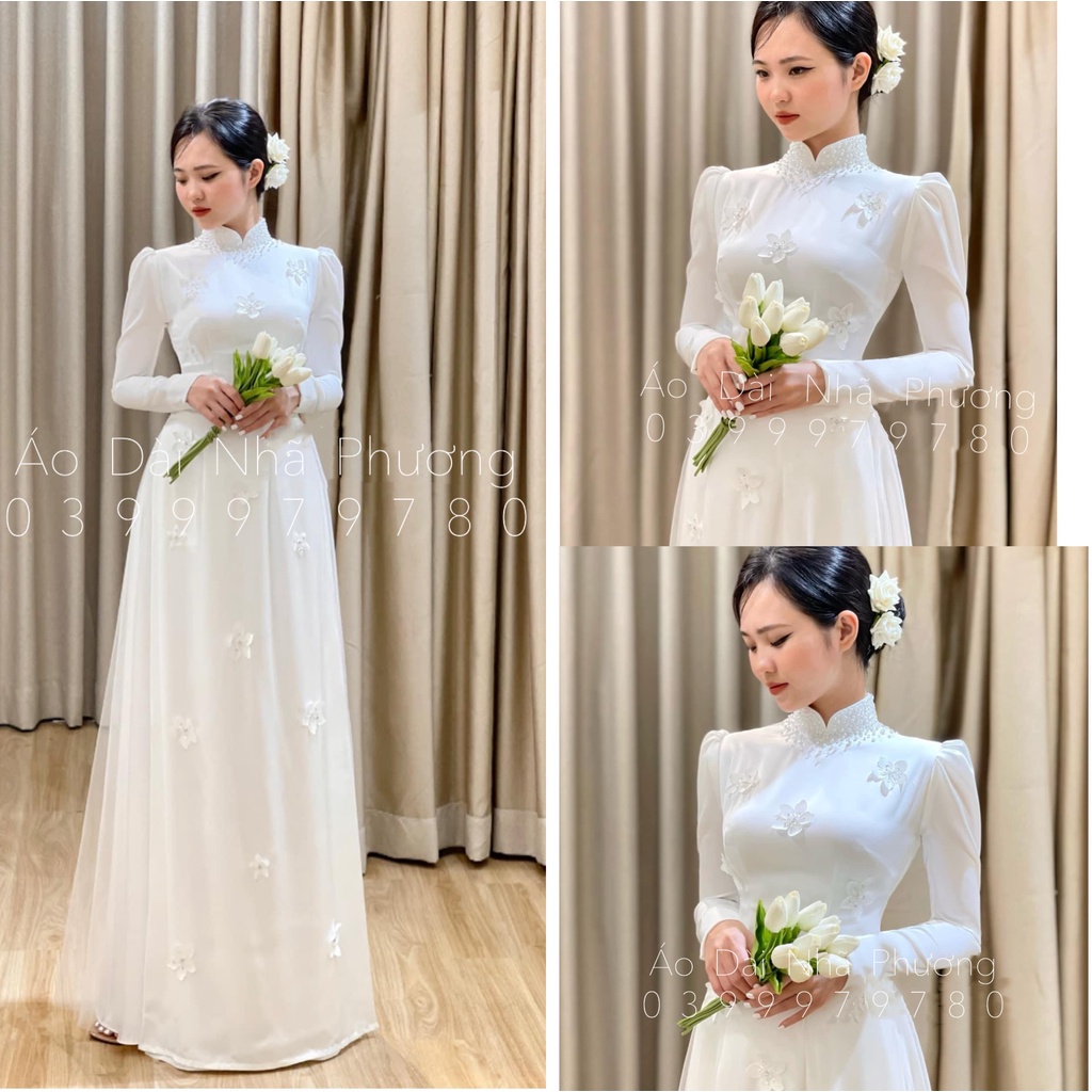 Áo Dài Trắng Cô Dâu Thiết Kế Điểm Hoa Nổi Cao Cấp_TOCHAUĐIEMHOA