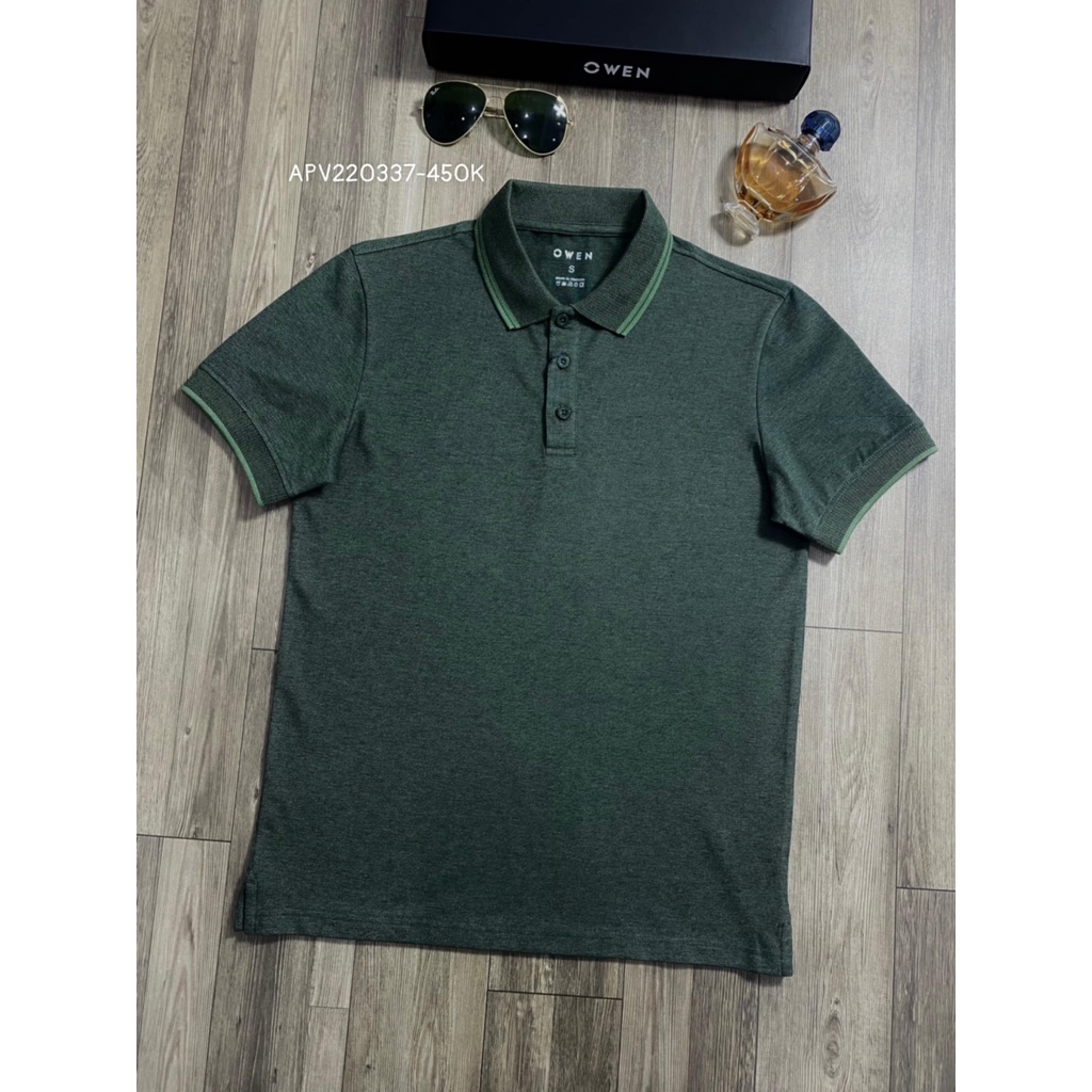 Áo thun nam có cổ bẻ polo OWEN APV220337 phông ngắn tay hàng hiệu cao cấp dáng body fit màu xanh lá viền cổ vải cotton