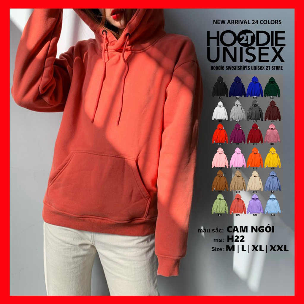 Áo Hoodie Unisex 2T Store H22 Màu Cam Ngói - Áo Khoác Nỉ Chui Đầu Nón 2 Lớp Dày Dặn Siêu Đẹp