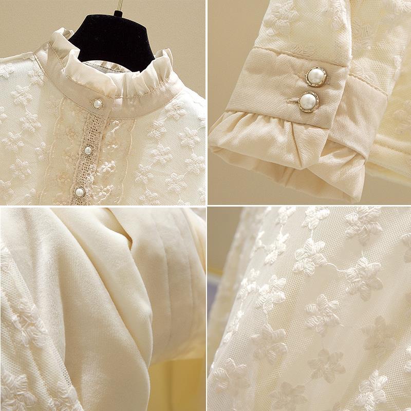 Áo ren tay dài phối nhung dày dặn thêu họa tiết thời trang thu đông cho nữ | BigBuy360 - bigbuy360.vn