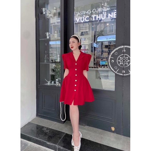Đầm dự tiệc công sở cổ vest phối nút