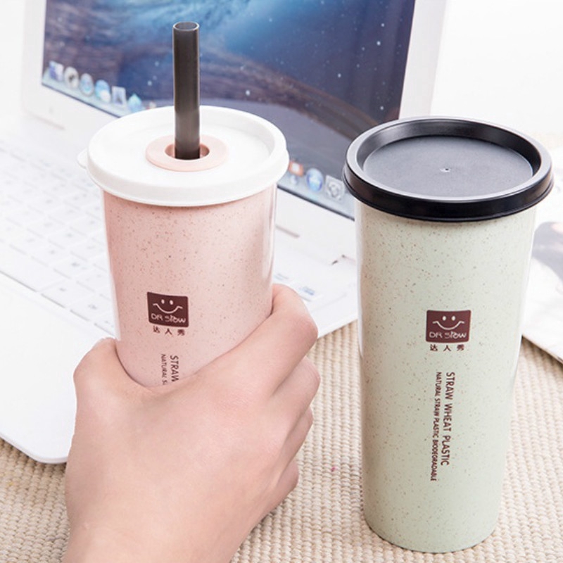 Wheat Straw Tumbler Straw Bottle Nordic Color Silicone Cup Cover Leakproof Hot Water Cup 4 Colors