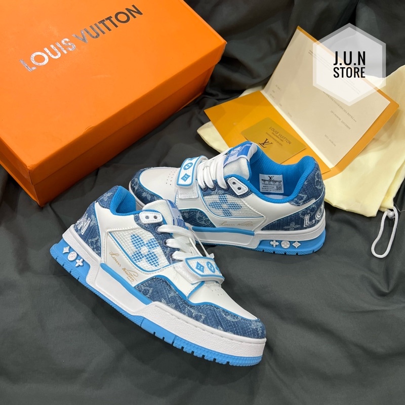 GIÀY LV TRAINER TRẮNG XANH QUAI DÁN BLUE WHITE LAI AU NAM NỮ CAO CẤP