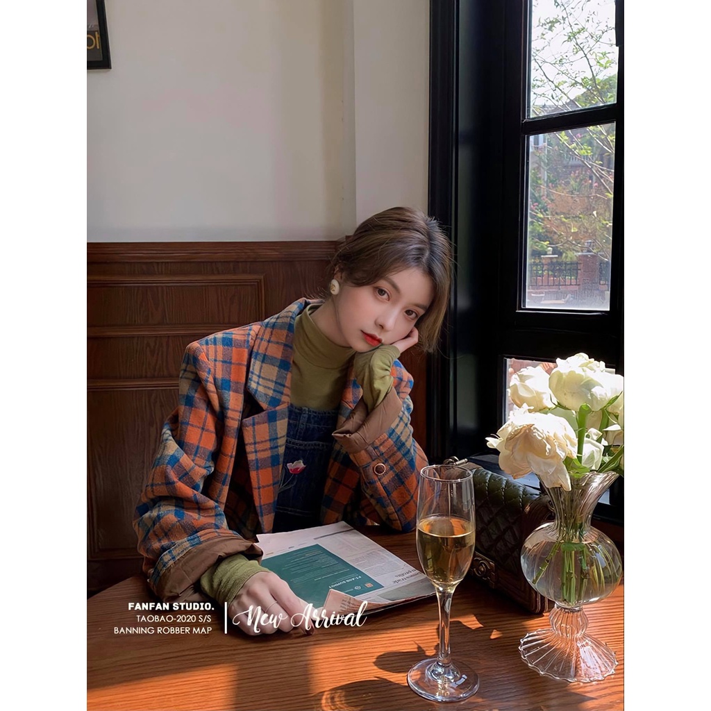 Áo Khoác Blazer Kẻ Sọc Phong Cách Retro Màu Siêu Tây Cho Nữ