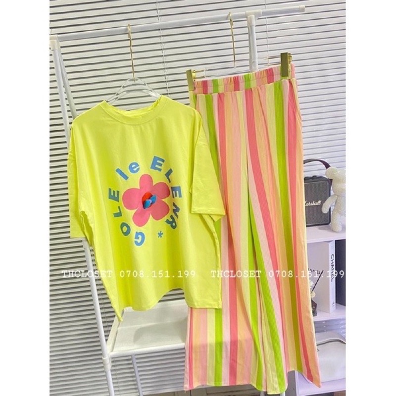 Set áo cotton đính nơ quần cầu vòng xinh xắn