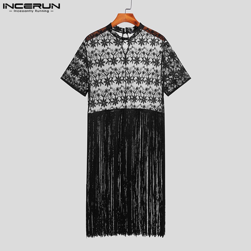 Áo thun INCERUN tay ngắn phối ren lưới nhìn xuyên qua thời trang mùa hè cho nam