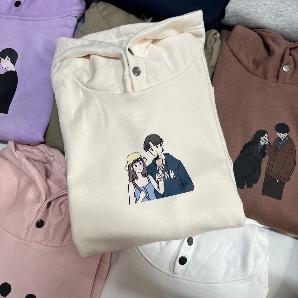 Áo Hoodie Nút Bấm In Hình Cặp Couple Áo Hoodie Nỉ Ngoại Dày Dặn Tay Bồng Form Rộng Unisex