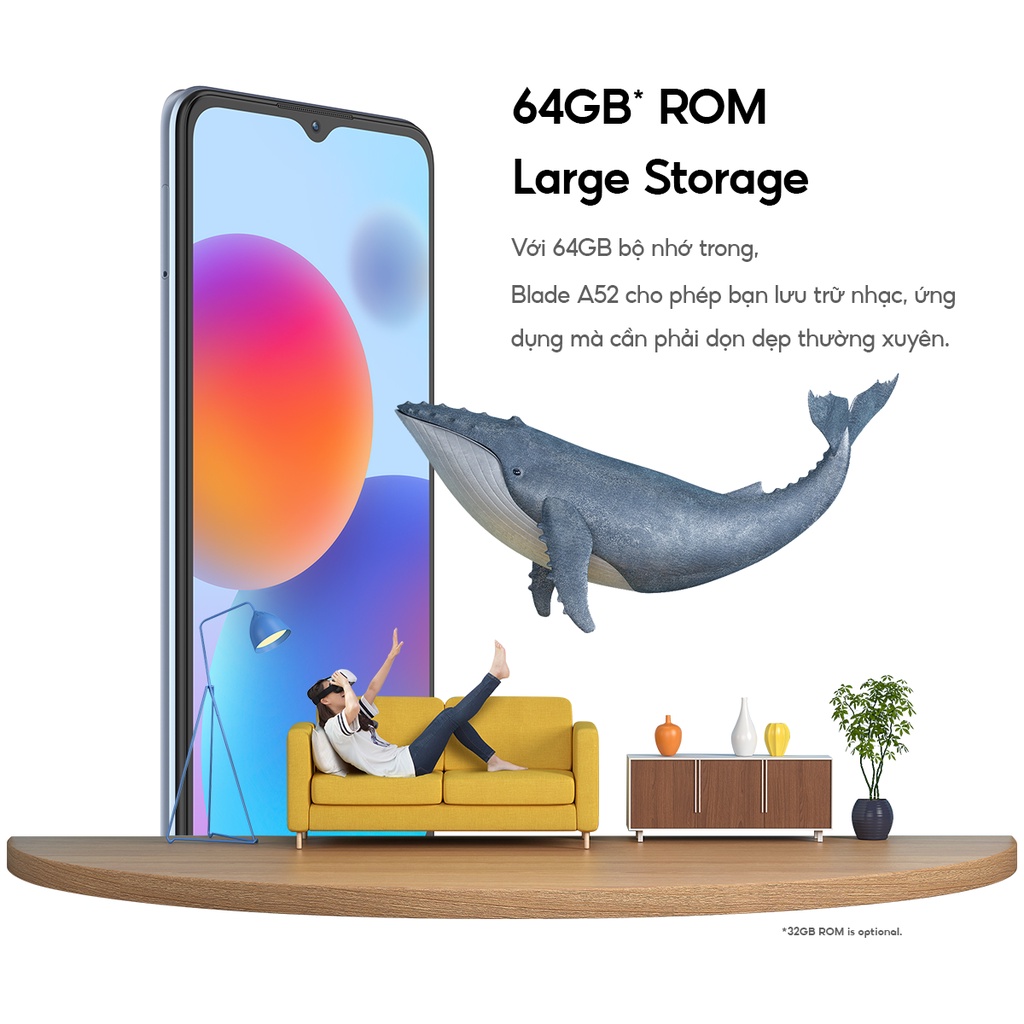 Điện thoại ZTE Blade A52 4GB l 64GB, Pin 5000mAh, Màn hình 6.52", Camera AI Triple - Chính hãng