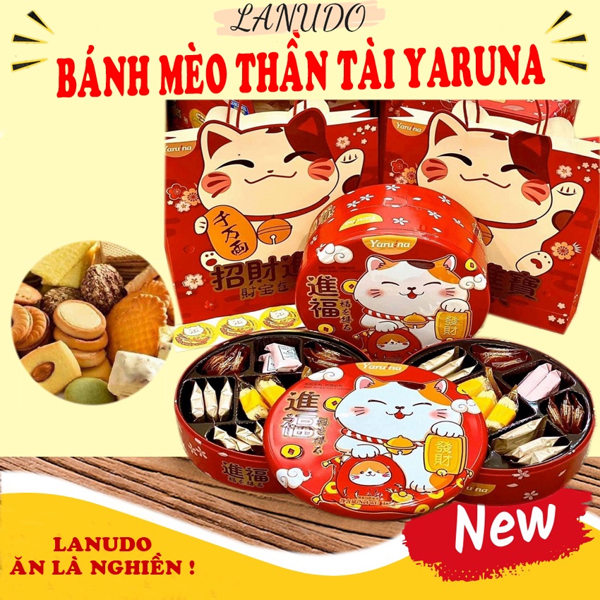 Bánh mèo thần tài❤️Bánh quy Yaruna 2 tầng đài loan hộp thiếc hình tròn, vuông siêu ngon