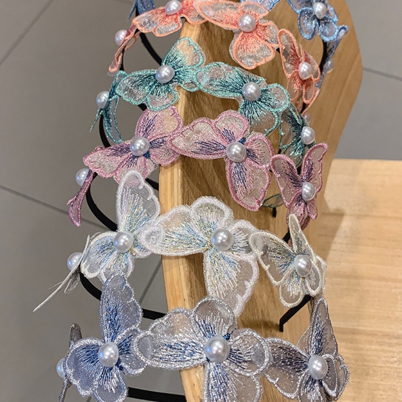 Băng Đô Cài Tóc Co Giãn Thêu Hình Bướm &amp; Ngọc Trai Handmade Cho Nữ