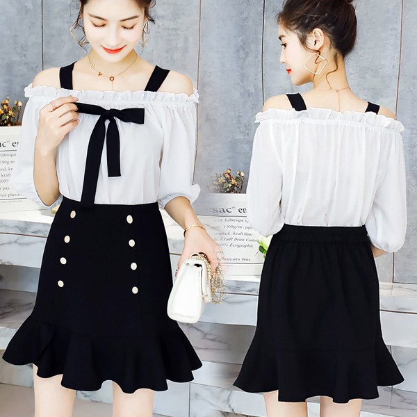 Áo trễ vai phối dây nơ và chân váy cho người béo mập