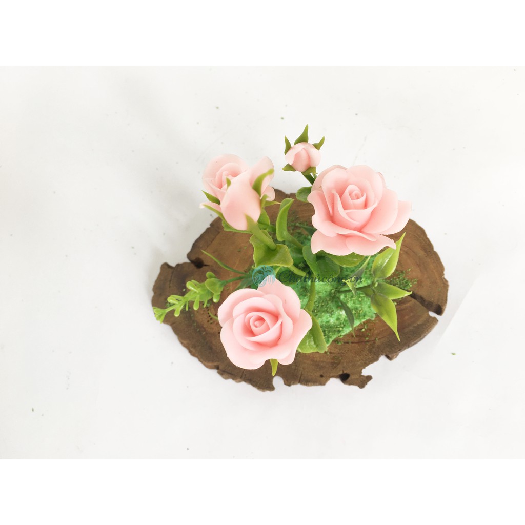 Hoa đất sét mini Hoa hồng - Hoa sen handmade kết hợp khoanh gỗ tự nhiên vintage