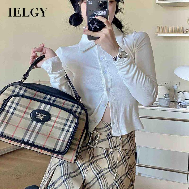 Áo cardigan IELGY cổ polo màu trơn dáng ôm/Chân váy phong cách retro thời trang