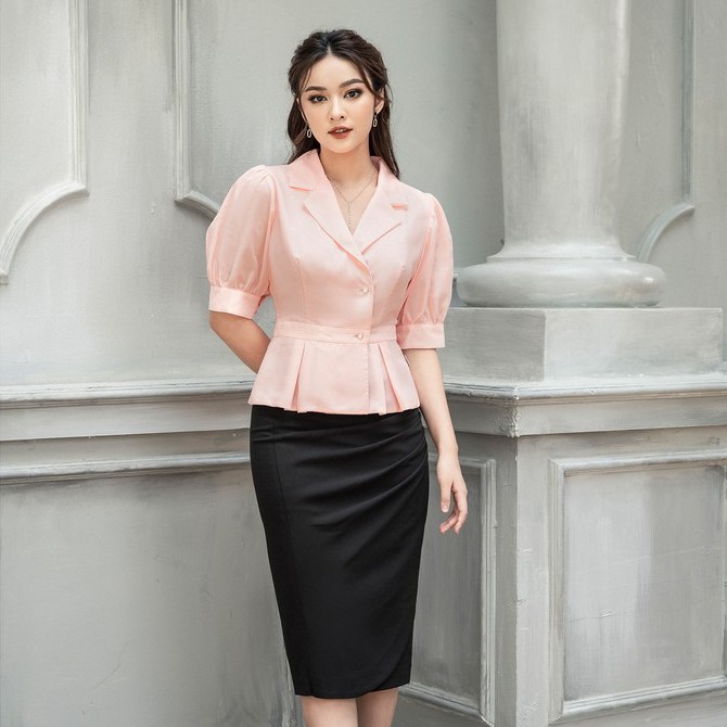 [Mã LTP50 giảm 50000 đơn 150000] Áo Sơ mi dáng peplum tay bồng Emspo Milestone, cổ bẻ ve SMM2634
