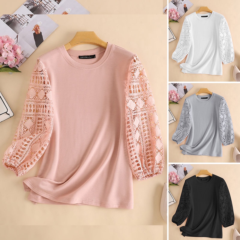 Áo ZANZEA cổ tròn tay 3/4 phối ren thời trang cho nữ