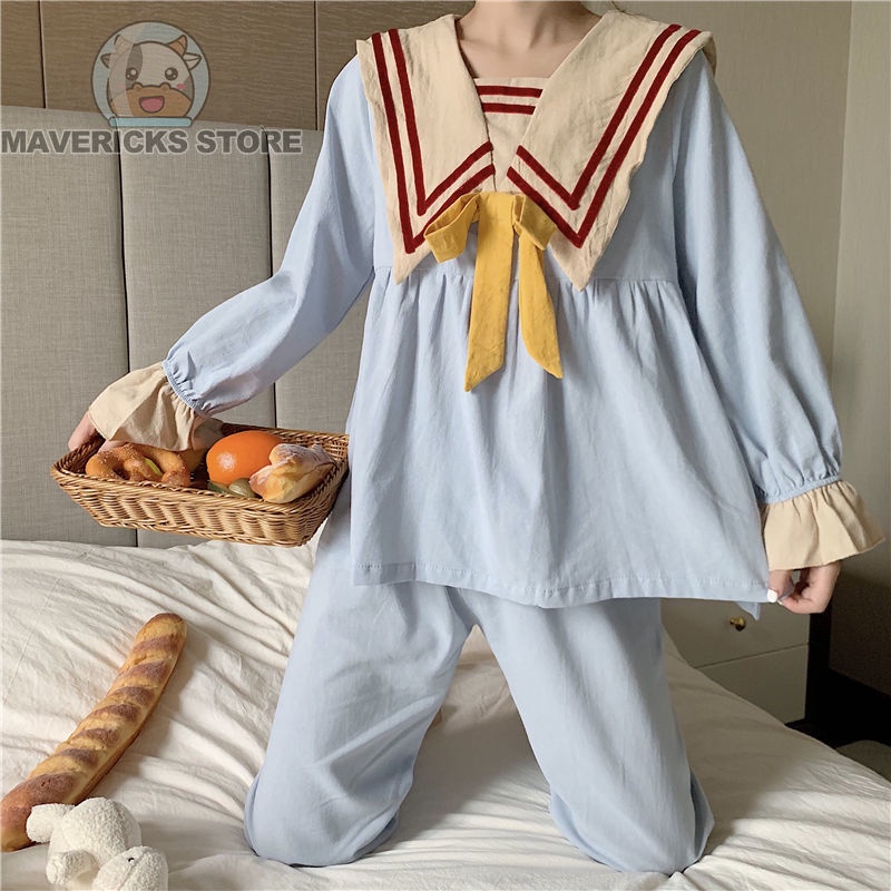 Bộ Đồ Ngủ Tay Dài Đính Nơ Dễ Thương Phong Cách Hàn Quốc Cho Nữ