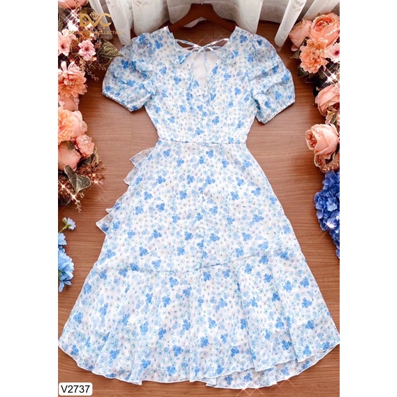V2737 váy voan hoa xanh