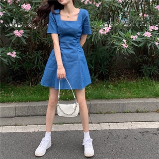 Đầm Denim Cổ Vuông Dáng Chữ A Phong Cách Thời Trang Pháp  váy