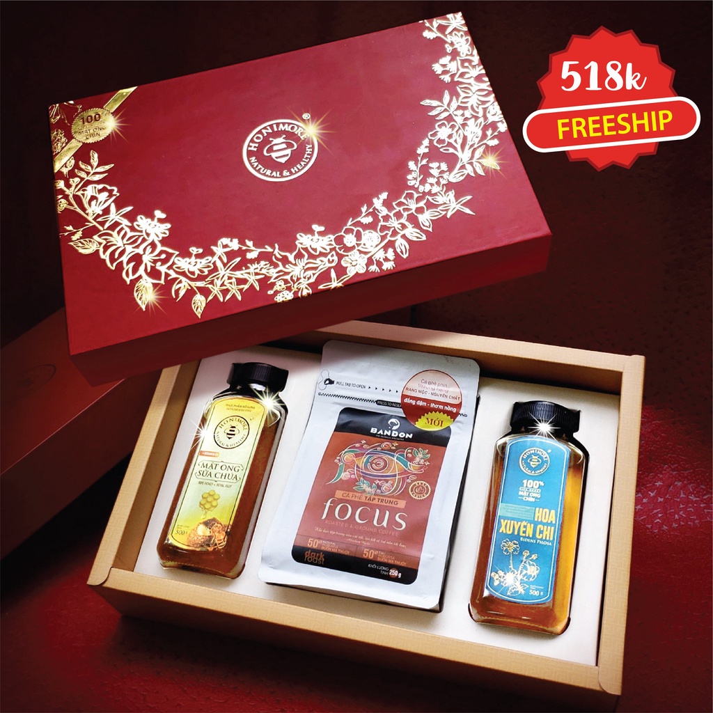[HỘP QUÀ TẾT] Gồm Mật ong nguyên chất Xuyến Chi + Mật ong rừng sữa chúa 500g + Cà phê nguyên chất đặc sản
